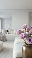 Lavender lisianthus flowers in a gold vase on a sofa edge, soft white living room interior in the background, elegant home decor.