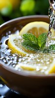 Fresh lemon water being poured into wooden bowl with mint leaves and citrus slices creating refreshing summer drink with natural ingredients and bubbles.