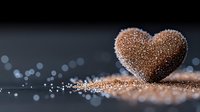 Sparkling copper glitter heart shape on dark background with bokeh lights and scattered shimmer particles, romantic Valentine's day concept.