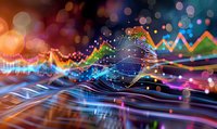 Colorful financial data visualization with glowing stock market graphs, trading charts and digital wave patterns on dark background with bokeh light effects.