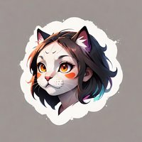 Stylized cat portrait with anime-inspired features, long dark hair, and bright orange eyes on isolated background. For gaming avatars and character design.