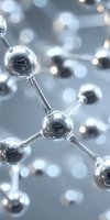 Metallic molecular structure with chrome spheres connected by glass rods on blurred background, scientific concept for chemistry and nanotechnology research.