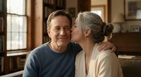Happy mature Caucasian couple embracing and sharing intimate moment in cozy home living room. Senior man and woman showing love and affection together.
