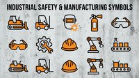 Industrial safety manufacturing symbols set with construction equipment icons including bulldozer forklift welding mask fire extinguisher goggles helmet.