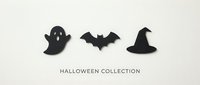Black paper cut Halloween symbols ghost bat witch hat on beige background for seasonal decorations crafts and holiday design projects.