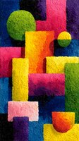 Vibrant abstract geometric composition with colorful blocks and circles in pink, yellow, green, blue, orange, and purple on textured background for modern interior design.