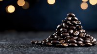 Fresh roasted coffee beans arranged in pyramid shape on dark surface with soft bokeh lights in background, aromatic coffee composition for cafe and restaurant menu.