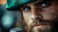 Close up portrait of bearded man with intense blue eyes wearing glittery green hat, dramatic lighting creates mysterious mood, artistic photography for advertising.