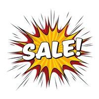 Comic book style explosion burst with SALE text in white letters, featuring yellow center and red flames with radiating speed lines for promotional marketing materials.