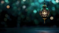 Ornate hanging lantern with glowing light against dark turquoise bokeh background creates magical oriental atmosphere for festive holiday designs.