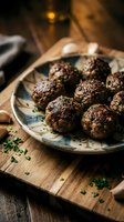 Homemade meatballs with herbs on rustic ceramic plate and wooden cutting board for comfort food recipes and cooking content.