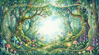 Enchanted forest clearing with twisted trees forming natural archway, magical woodland scene with mushrooms and fairy tale atmosphere for fantasy designs.