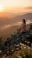 Young woman meditating in lotus position on mountain rock during golden hour sunrise with misty valleys and layered hills in background for wellness content.