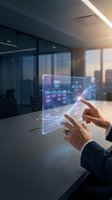 Businessman hands interacting with holographic digital interface displaying data analytics and charts in modern office environment for business technology solutions.