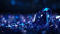 Brilliant blue diamond macro shot with bokeh background and reflective surface, showcasing luxury jewelry details and precious gemstone cut facets in dark setting.