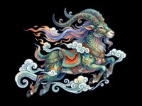 Ornate mythical goat with flowing mane and decorative patterns, isolated on transparent background. Ready for t-shirt design, clipart, stickers, sublimation, and print-on-demand projects.