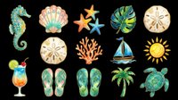 Tropical beach summer collection with seahorse, seashell, starfish, monstera leaf, sand dollar, cocktail, flip flops, coral, sailboat, sun, palm tree and sea turtle. Isolated on transparent background, ready for t-shirts, stickers, clipart and print-on-demand designs.