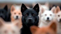 Striking black wolf-like dog with piercing eyes against blurred background of white and cream colored dogs, dramatic portrait composition for wildlife and pet themes.