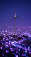Wind turbine with glowing purple energy waves and particles representing sustainable power generation and renewable electricity technology.