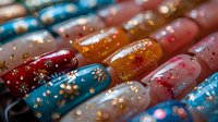 Colorful nail art samples with glitter and sparkles in rows showing different designs and techniques for manicure inspiration in beauty salon or studio.