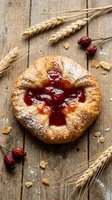 Homemade pastry with red jam filling dusted with powdered sugar on rustic wooden background with wheat stalks and dried cranberries for bakery menu design.