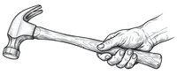 Hand holding hammer tool in vintage engraved style illustration isolated on white background for construction and carpentry projects.