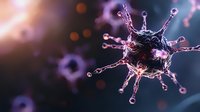 Microscopic view of virus cell with spiky crown-like surface proteins floating in dark space with blurred background, scientific medical visualization in pink and blue tones.