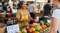 Smiling Hispanic woman vendor selling fresh colorful cacao pods at bustling farmers market. Organic tropical fruit display for healthy lifestyle content.