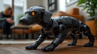 Futuristic robotic pet dog with glowing orange eyes and mechanical articulated body in crouching position on wooden floor, modern home interior setting.