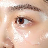Close-up of Asian female eye with dewy, glowing skin showing natural makeup and brown iris. Macro beauty shot highlighting glass skin effect and eyebrow detail.