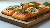 Fresh salmon fillets garnished with lemon slices, dill, and peppercorns on wooden cutting board, ready for cooking. Healthy seafood preparation.