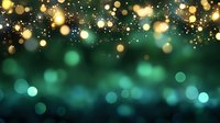 Magical emerald green and gold bokeh lights with sparkling glitter effect against dark background creates dreamy festive atmosphere for holiday designs.