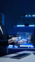 Businessman in dark suit and white gloves interacting with transparent digital tablet displaying holographic data visualization and network connections in modern office with blue neon lighting.