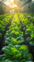 Fresh green lettuce plants growing in rows inside modern greenhouse with warm sunlight streaming through glass roof creating agricultural farming atmosphere.