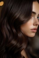 Close-up profile of young woman with glossy brunette wavy hair, natural makeup and glowing skin. Perfect for beauty and haircare advertising.