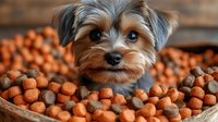 Adorable Yorkshire terrier puppy peeking through pile of orange and brown dog food kibbles in wooden bowl, close up portrait with selective focus.