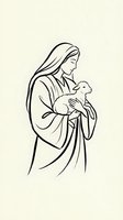 Minimalist line art of woman in robes tenderly holding lamb in gentle embrace on neutral background for spiritual and religious design projects.