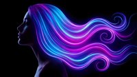 Neon glowing hair flowing in vibrant purple and blue waves against black background. Digital art concept for beauty, fashion and futuristic design projects.