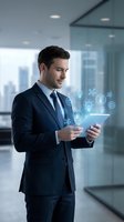 Professional male entrepreneur in dark business suit holding tablet with glowing digital icons representing innovation, technology and business solutions in modern office environment.