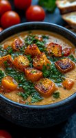 Creamy pumpkin soup garnished with roasted butternut squash cubes and fresh herbs in dark ceramic bowl. Fresh cherry tomatoes and bread in background.