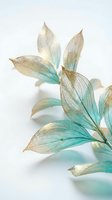Delicate translucent leaves with golden veins and turquoise gradient colors on white background for botanical design projects and nature artwork.