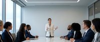 Confident young Hispanic businesswoman leading a corporate meeting with diverse colleagues in a modern office boardroom.
