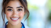 Young Asian woman with bright smile and natural makeup against blurred blue background, professional headshot style portrait showing confidence and warmth.