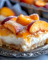 Fresh peach cheesecake bar with graham cracker crust, creamy filling and juicy glazed peach slices topped with powdered sugar, served on vintage silver plate.