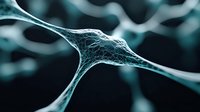 Microscopic view of neural synapse connection in blue tones showing detailed structure of neuron and dendrites. Scientific visualization for medical and research purposes.
