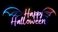 Neon glowing Happy Halloween text with bat wings on dark background for spooky holiday celebration and party decorations.