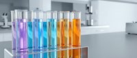 Row of colorful chemical solutions in test tubes arranged on laboratory rack for scientific research and experimentation in modern lab setting.