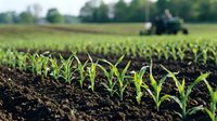 Young corn seedlings emerging from rich dark soil in agricultural field with tractor working in background during spring planting season.