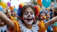 Young girl with clown face paint and colorful hair wearing yellow costume smiles joyfully with arms raised during carnival celebration amid festive balloons and crowd.