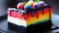 Rainbow cheesecake slice with chocolate drip, fresh berries and cream on dark base, featuring vibrant gradient layers from red to yellow to green, topped with colorful garnish.